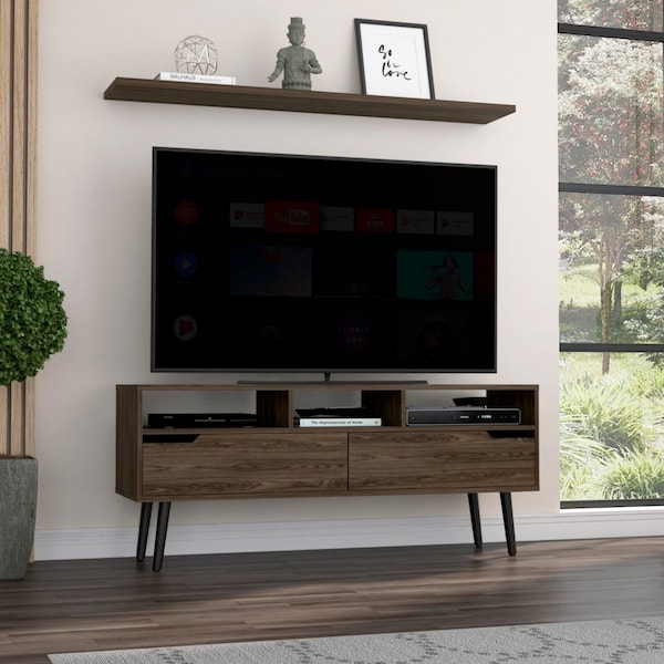 Oslo Tv Stand For TV's Up 51 In. Two Drawers, Four Legs, Three Open Shelves, Dark Walnut